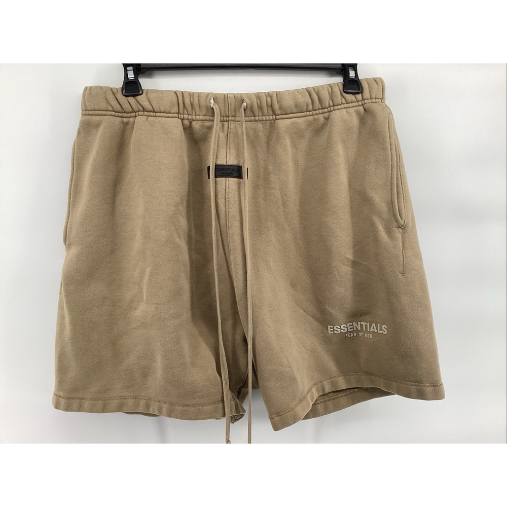 Fear of God Essentials Mens Sweat Shorts Taupe Khaki Fleece Logo Size XL